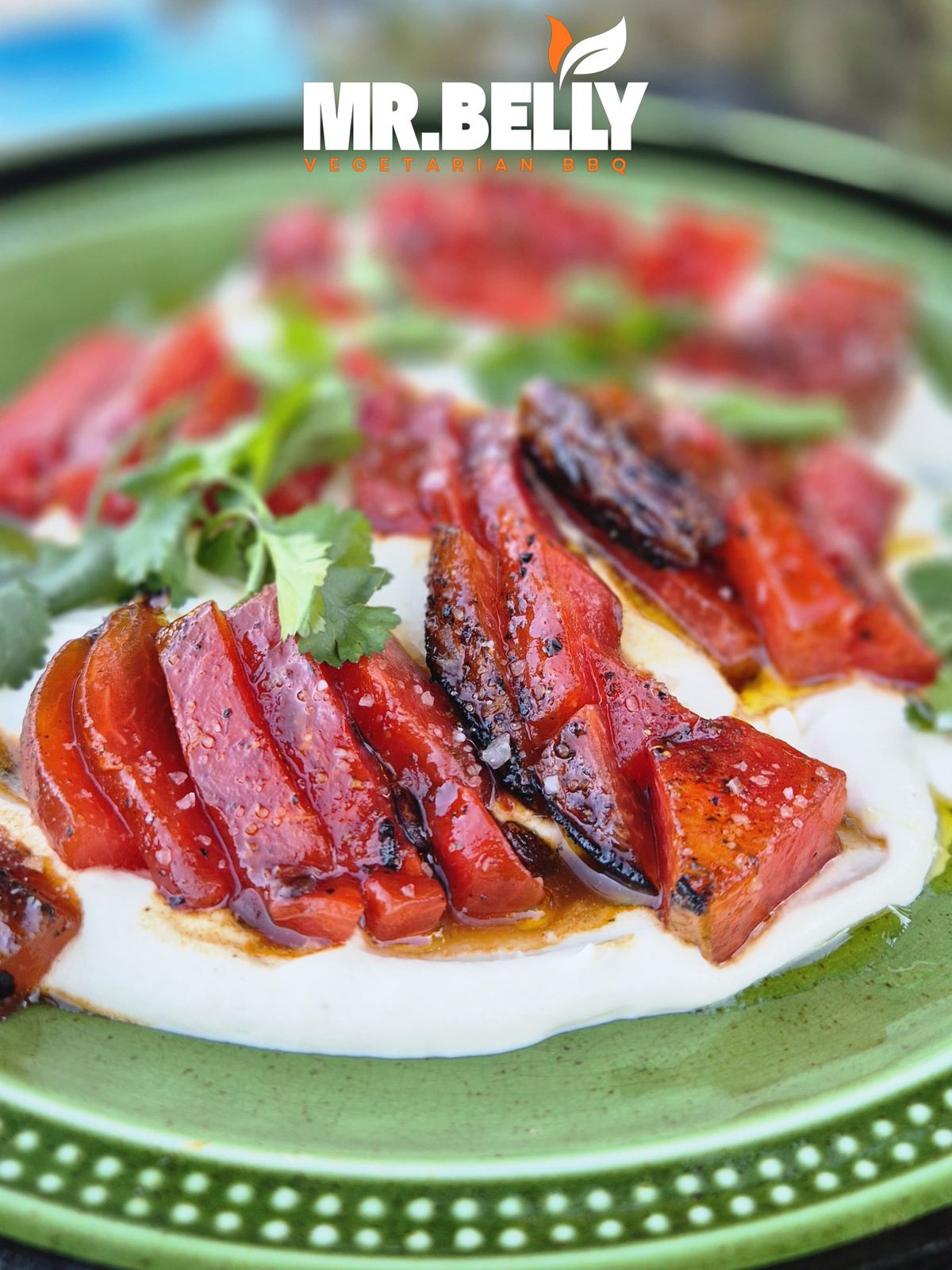 Flame-glazed watermelon on white bean cream